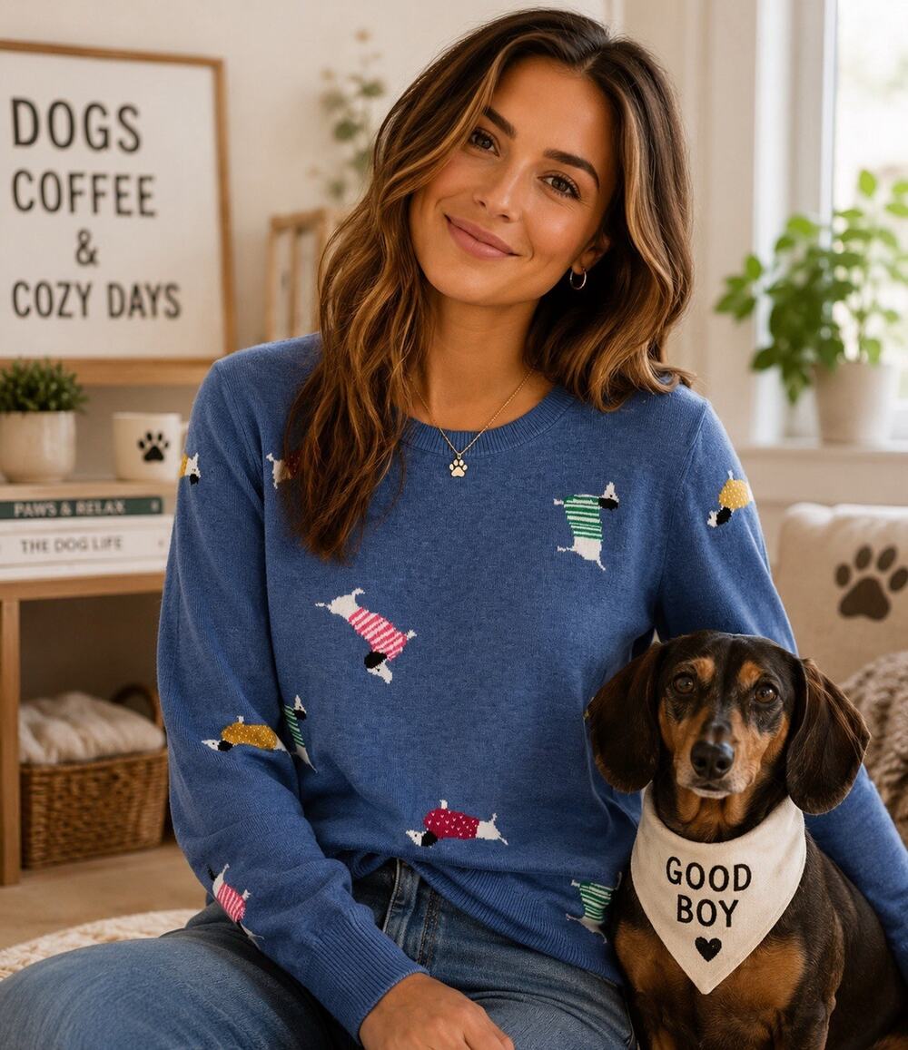 Talbots Blue Daschund Weenie Dog Sweater Lightweight Knit Whimsy Petite Size PM